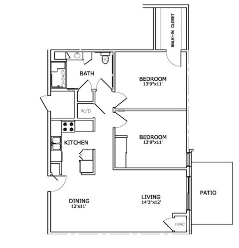 Floor plan for 2 beds, 1 bath, 932 sqft